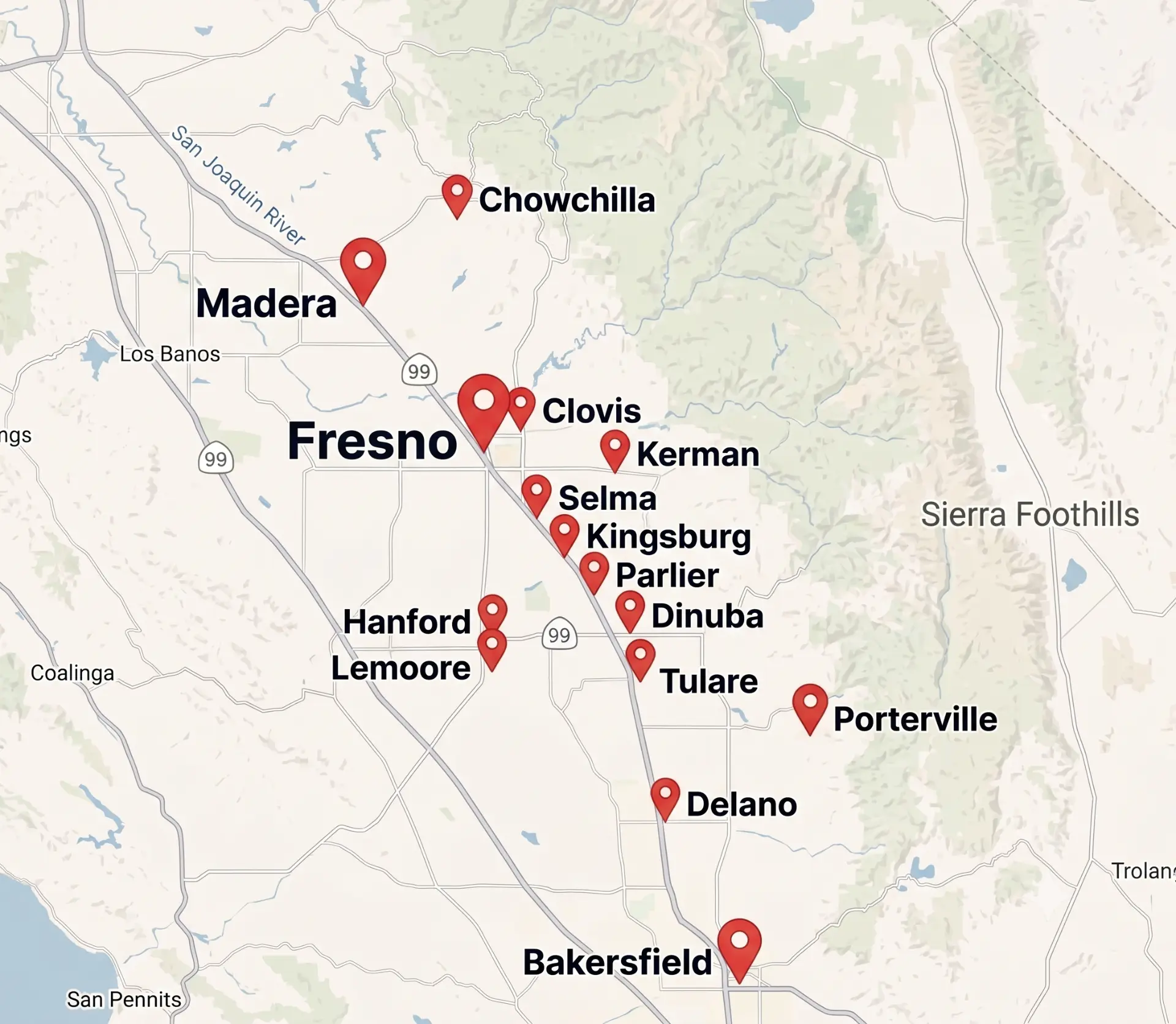 Map of Central California showing pins on the towns served, from Chowchilla and Madera south through Fresno to Bakersfield