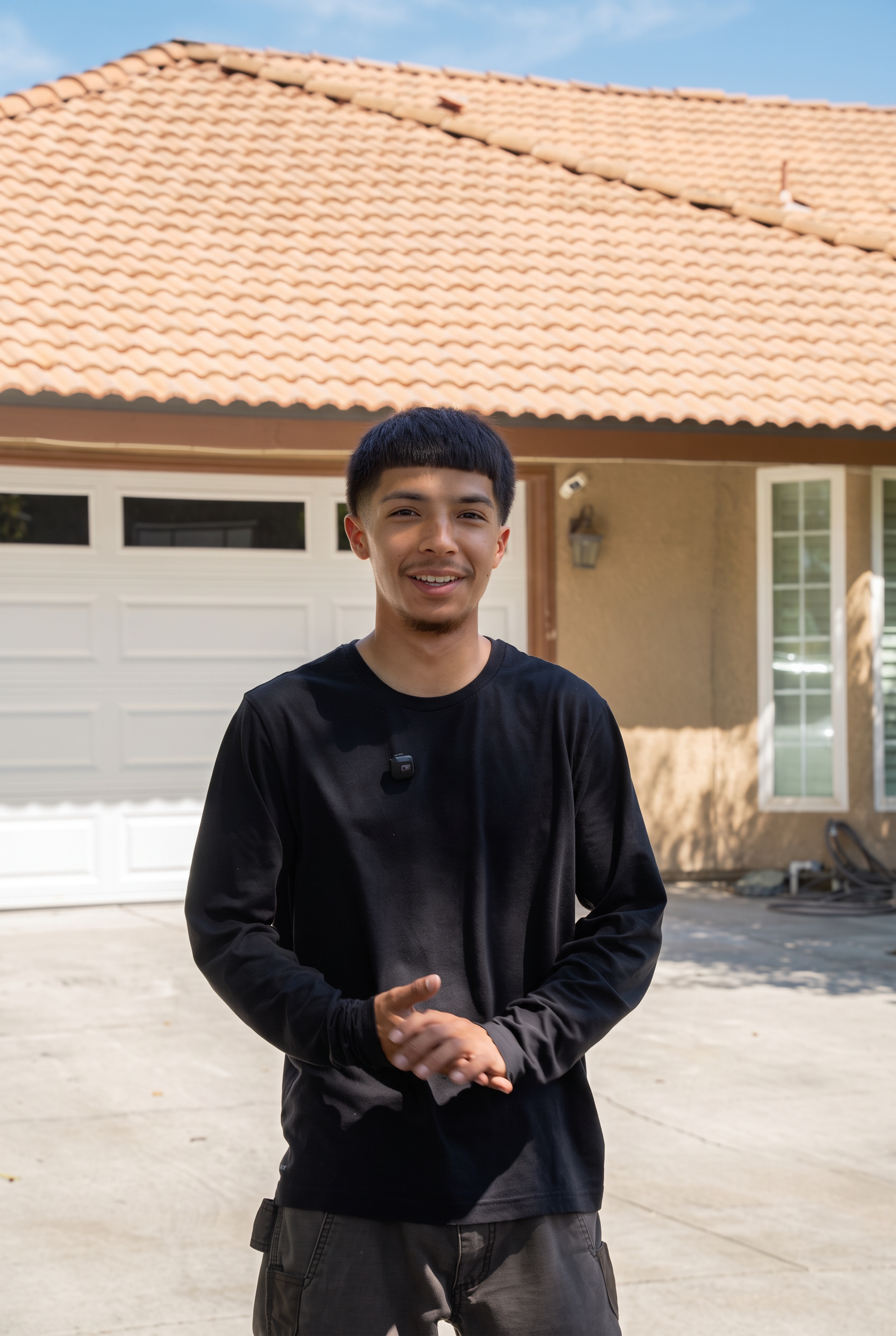 Joseph Perales, owner of Prestige Pressure Washing, standing in a driveway in front of a freshly washed tile-roof home