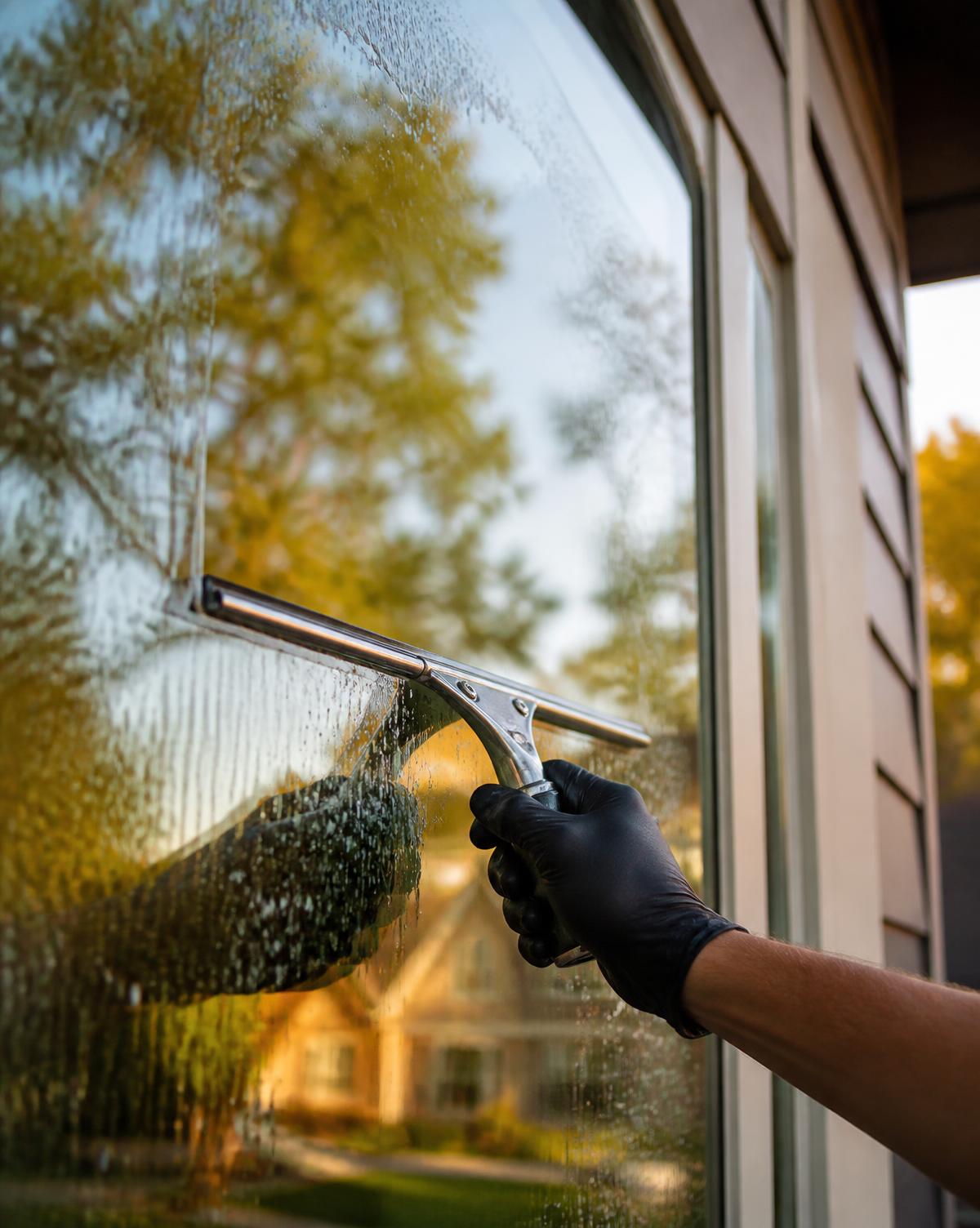 A gloved hand drawing a professional squeegee across a soapy residential window in one clean streak-free stroke